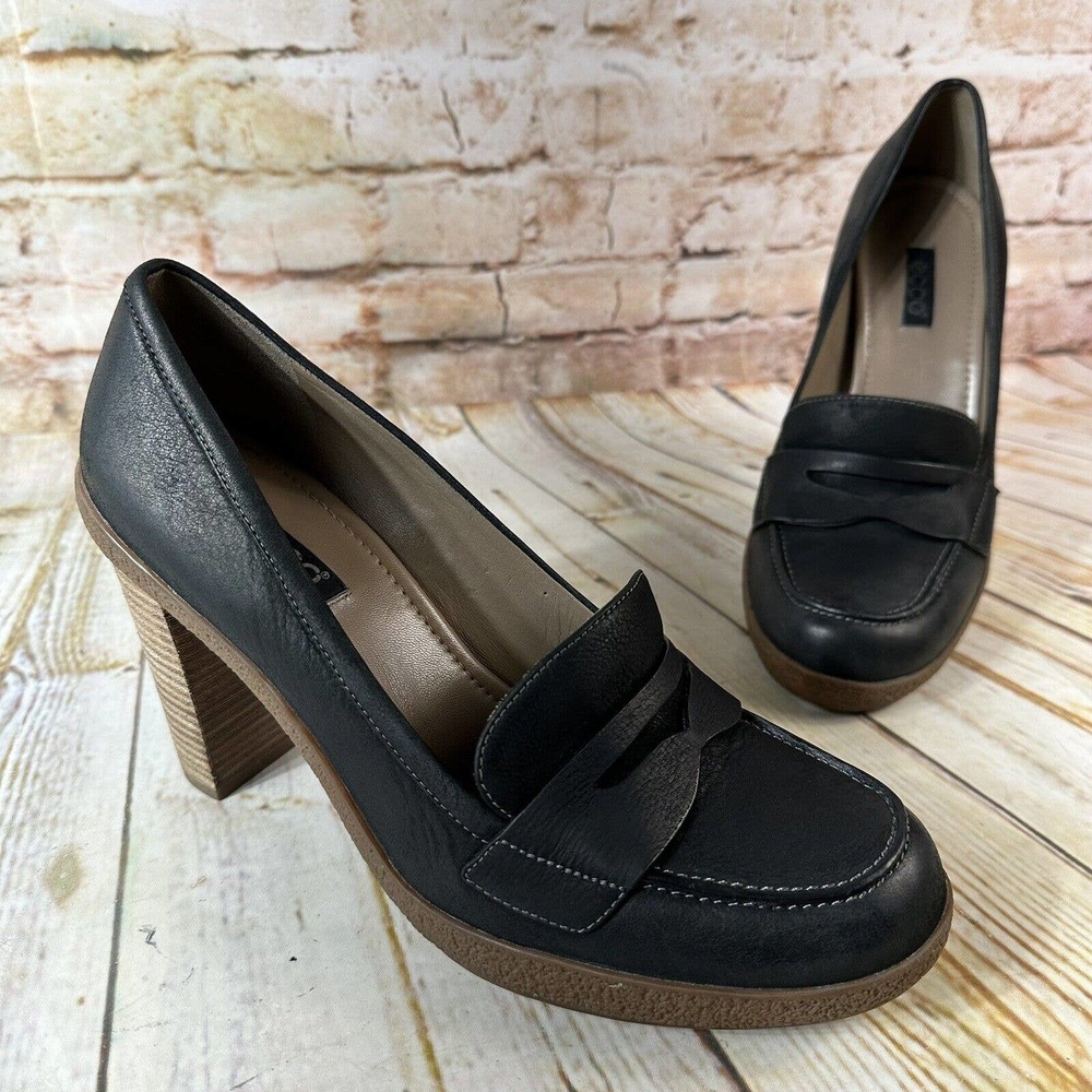 ECCO Nomane Womens Size 41 EU 10-10.5 US Black Leather Penny Loafer Heels Shoes